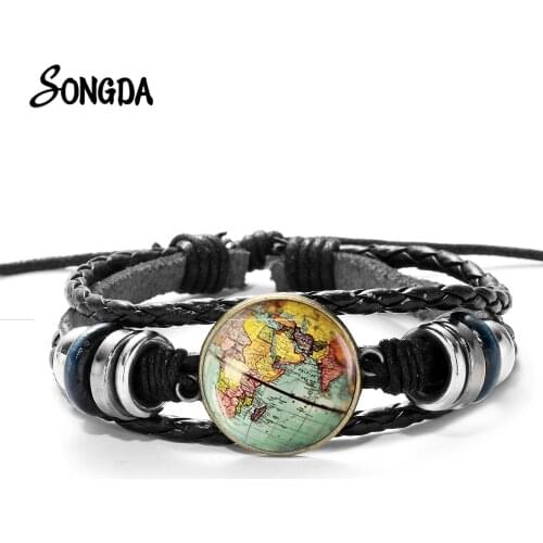 Novelty World Earth Map Bracelet Travel Gift Wanderlust New York Boston Map Glass Photos Leather Bracelets for Men Women