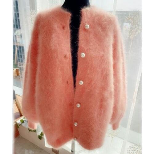 New Arrival Women Thick Warm 100% Pure Mink Cashmere Cardigans Pearl Buckle Round Collar Cashmere Sweater tbsr762