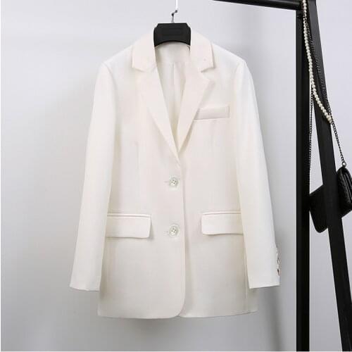 V- Neck White Black Blazers Fashion suit women 2021 autumn spring Slim Korean style loose Mid-Length casual Cotton coat