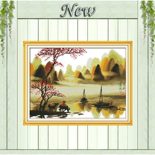 Poetic lijiang Li River Guilin painting counted print on canvas chinese Cross stitch DMC 14CT 11CT Needlework Set Embroider kits