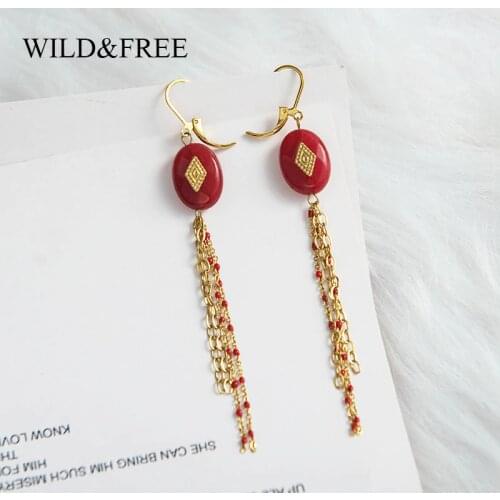 Wild&Free Women Natural Stone Drop Earrings Vintage Long Beads Tassel Dangle Earrings Stainless Steel Jewelry Party Gift
