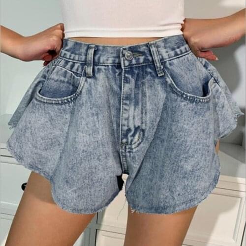 Denim Shorts For Female High Waist Pockets Sexy Ruffles Wide Leg Short Womens Solid Trousers Summer Clothes Велосипедки Женские