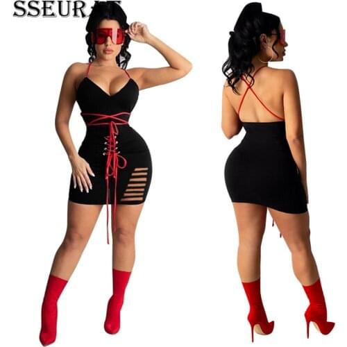 SSEURAT Women Cut Out Lace Up Bodycon Midi Mini Dress Halter V-neck Croset Bandage Sexy Night Party Dresses