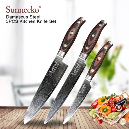 SUNNECKO 3PCS Kitchen Slicer Utility Chef Knife Set Japanese Damascus VG10 Steel Sharp Pakka Wood Sanding Handle Cutting Tools