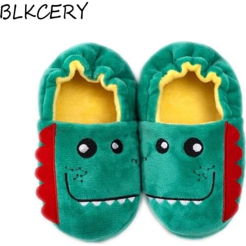 Toddler Boy Slippers Cartoon Dinosaur Plush Warm Shoe Little Kids Loafers Winter House Shoes Girl Soft Rubber Sole Home Footwear