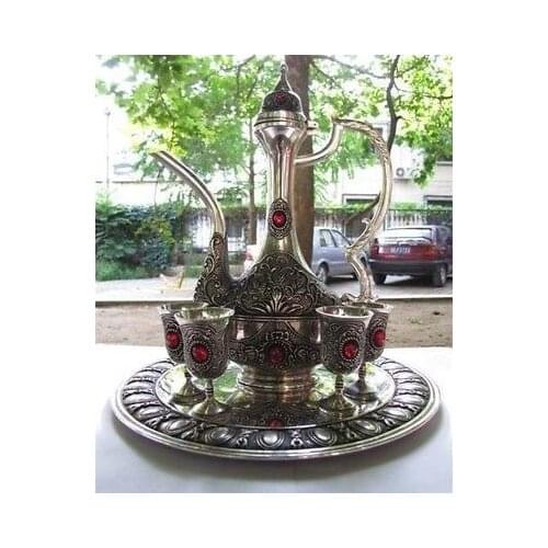 Tibet copper gilt silver ruby carved flagon 1 teapot 6 wine cup Decoration 100% real Tibetan Silver Brass