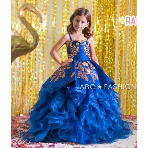 Gorgeous Royal Blue Girls Pageant Dresses Ruffles Appliqued Beaded Flower Girl Dress For Weddings Children Princess Birthday