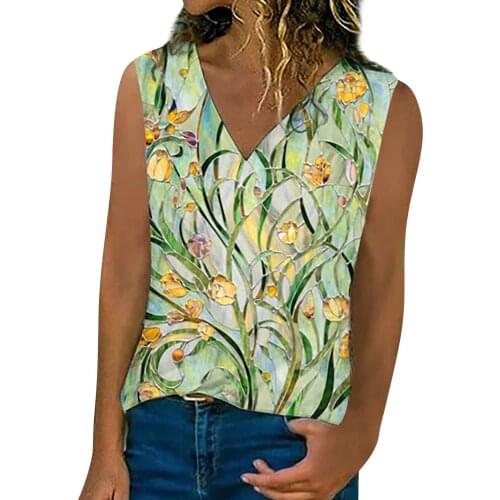 Flower Printed Green Tops For Women Sexy V-neck Clothes Sleeveless Birds Plants Print Tunic Loose Shirt Blouse Top Tunique Femme