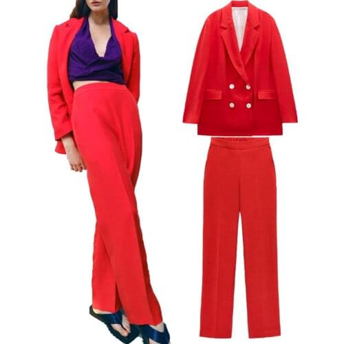 ZA autumn new womens clothing double-breasted loose casual suit jacket and high waist wide leg pants office professional suit