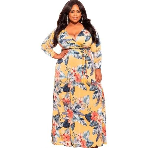 Plus Size Women Long Dress 4XL 5XL High Waist With Sashes Robes Fashion Floral Print Large Size Casual Maxi Dress Vestidos 2021