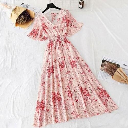 Elegant Floral Print Short Sleeve Summer Dresses Women Sexy V Neck Backless Chiffon Long Dress A-line Vintage Party Vestido