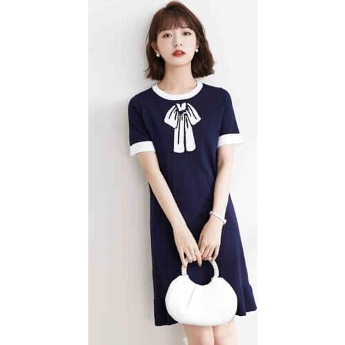 Summer women dress new blue thin ice silk knitted o neck short sleeve ruffled offic ladies elegant straight work wear dress 2021