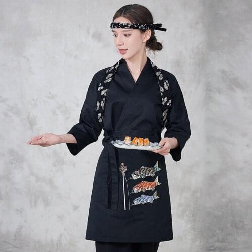 2021 High Quality Wholesale Japanese Style Printed Chef Apron Kitchen Restaurant Waiter Tie Apron Unisex Sushi Chef Accessories