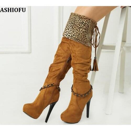 ASHIOFU Handmade Women High Heel Knee Boots Turn-over Night-club Sexy Platform Boots Winter Shoelace Fashion Evening Boot Shoes