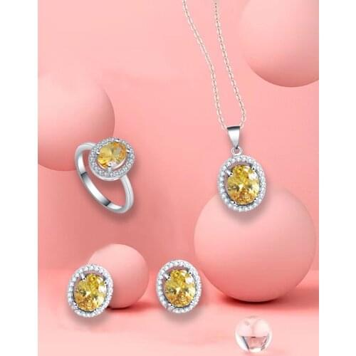 Ayowei oval yellow 925 silver crystal zircon earrings pendant necklace ring jewelry set new commemorative gift JS790A