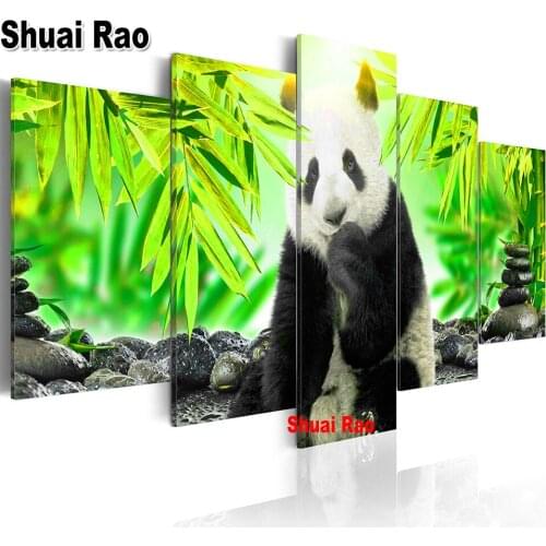 Bamboo Stone Panda diamond embroidery 5 Panel 5d diy diamond painting cross stitch full square round drill mosaic Animal Home Ar
