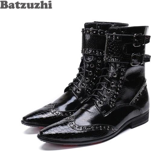 Batzuzhi Fashion Leather Boots Men Pointed Toe Military botas hombre Men Korean Black Dress Ankle Boots Male Buckles, Big US6-12