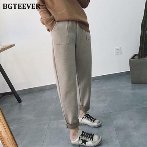 BGTEEVER Autumn Winter Thicken Pants Women Elastic Waist Pockets Woolen Female Pencil Pant 2019 Elegant Warm Trousers femme