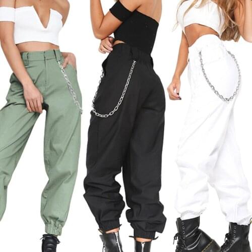 Harem Pants Women Summer Trousers Punk Chain Loose Elastic Pocket Trousers High Waist Wide Leg Cargo Pants Women Streetwear
