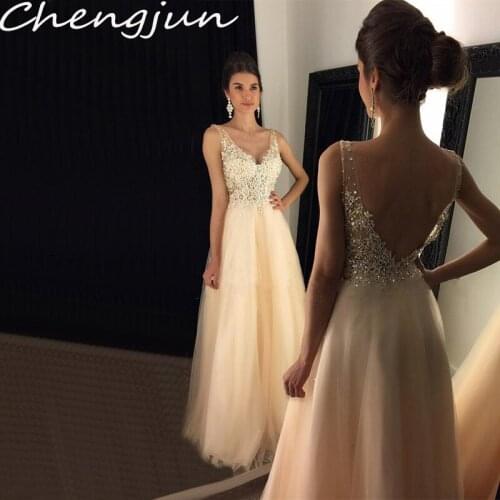 Chengjun A-Line Light Champagne Luxury Beading Sleeveless Sexy Open Back Prom Dress