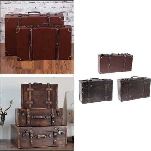 Retro Wood Leatner Suitcase British Style Decorative Luggage Case with Lock with Strap Jewelry Box Organizer Birthday Decoration