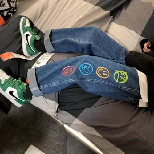 Hip Hop Clothing Oversized Baggy Trousers Streetwear Colorful Smiley Printed Black Jeans for Mens Straight Leg Denim Pants Teen