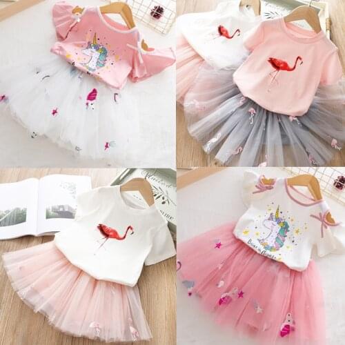 Girls Clothing Sets 2020 Summer Princess Girl Bling Star Flamingo Top + Unicorn Print Dress 2pcs Set Children Clothing Dresses