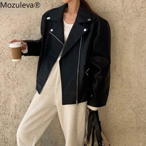 Bornsra Women Gothic Jacket 2021 Spring Autumn Vintage Fashion Oversized PU Faux Leather Coat Loose Moto Biker Zipper Outwear