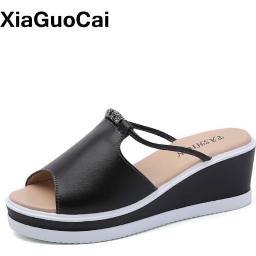 Summer Womens Sandals Leather Wedges Female Platform Shoes Mules Casual Fashion Slip-On Open Toe Beach Footwear High Quality