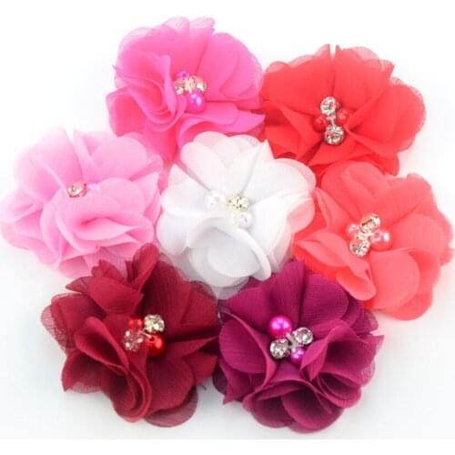 MengNa 20 Color 100pcs/lot 2'' cute chiffon flowers with Rhinestone Pearl without clips girls headbands hair accessories
