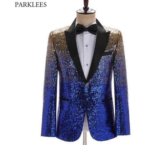Royal Blue Sequin Glitter Suits Blazer Men 2021 Fashion New Peak Collar One Button Mens Blazers Stage Party Prom Singer Costume