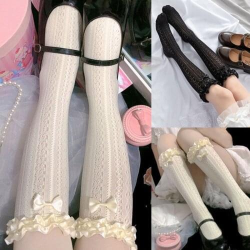 3XUA Japanese Women Lolita Satin Ruffles Calf Socks Sweet Bowknot Hollow Out Striped Pattern Student Summer Thin Knee High