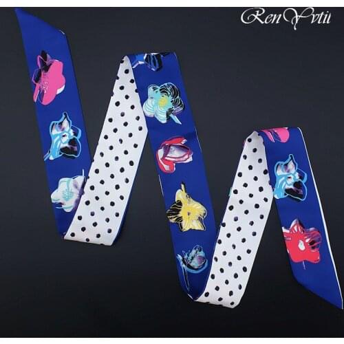 2019 New Design Luxury Brand Floral Dot Print Scarf Women Silk Scarf Fashion Head Scarf Bag Ribbons Small Long Scarves Factory