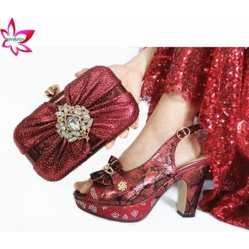 2020 New Style African Women Matching Shoe and Bag Material with Pu Italian Lady Shoes and Bags Set for Party in Wine Color
