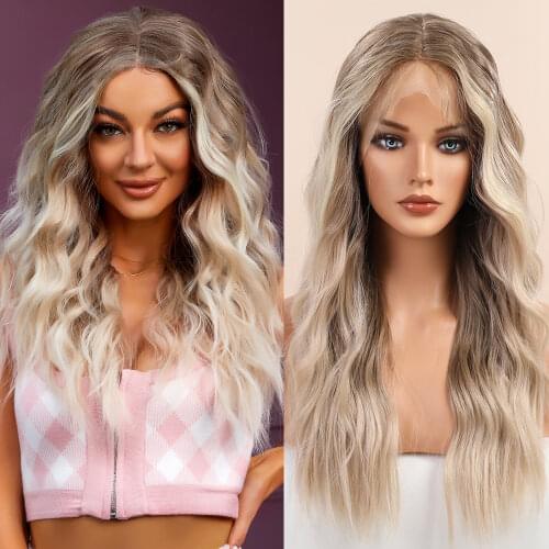 Blonde Unicorn Ombre Brown Long Wavy Synthetic Lace Part Hair Wigs For Black White Women Heat Resistant Daily Use Wig