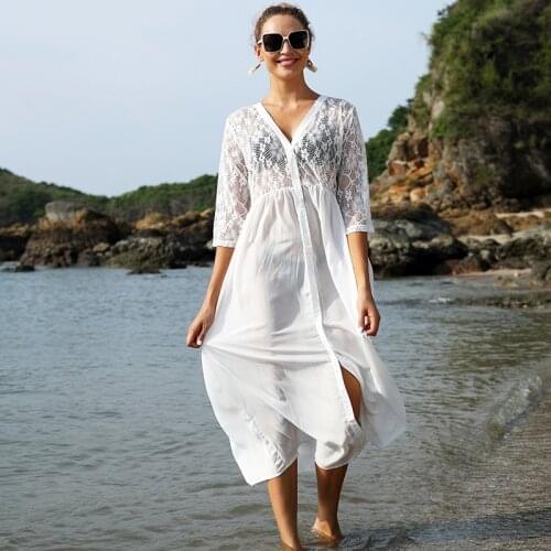 Sexy V neck Lace Patchwork Chiffon Cover-ups Beach Sold White Women Summer Maxi Dress Bikini Beachwear