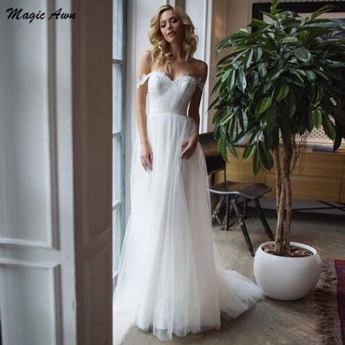 Magic Awn Simple Off Shoulder Boho Wedding Dresses Lace Appliques Tulle Beach Bridal Gowns Lace-Up Back A-Line Abito Da Sposa