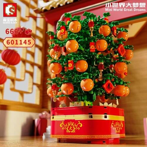 Sembo Block LED Light Music Kumquat Tree New Year Spring Festival Creative Model Childrens Toy Building Block Model Gift