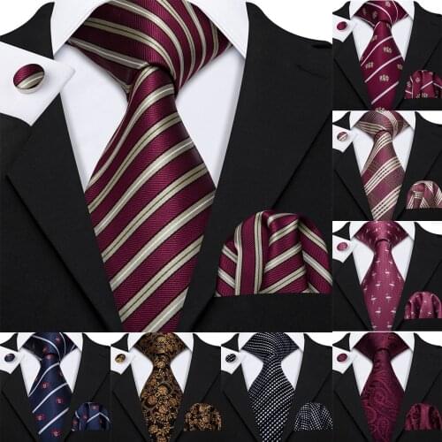 Barry.Wang Wedding Tie Hanky Cufflinks Sets Red Striped Gold Floral 100% Silk Tie 10 Colors Jacquard Woven Neck Ties For Men