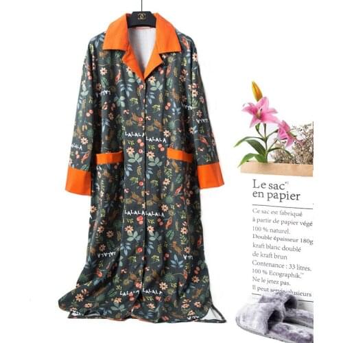 Spring Women Nightgowns Plus Size Cardigan Long-sleeved Sleepshirts Cotton Print Night Dress Simple Loose Nightwear Sleepwear