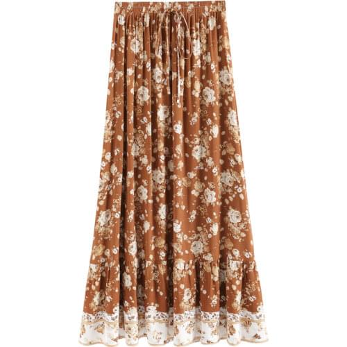 Vintage Boho Skirts Casual maxi HIppie Fadal Elastic Waist Floral Print Rayon Cotton Long Skirts Holiday Beach Fadal Mujer