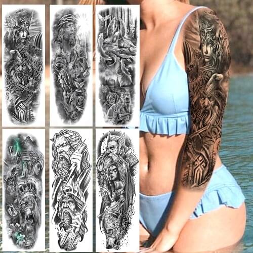 War Of Gods Temporary Full Arm Tattoos For Men Women Jesus Greece Warrior Body Leg Art Tatoos DIY Realistic Fake Tattoo Stickers