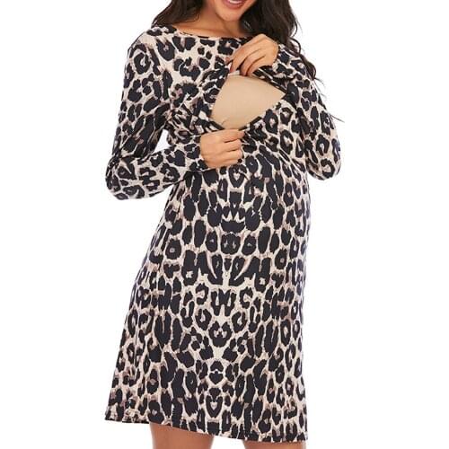 Autumn New Pregnant Women Skirt Leopard Print Pregnant Woman Clothing Dresses Lactation Nursing Maternity Breastfeeding Clothes