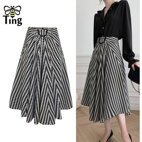 Tingfly Women Spring Summer Geometric Houndstooth Midi Casual Skirts Street Boho Chic High Waist Lady A Line Skirts Saia Zaful