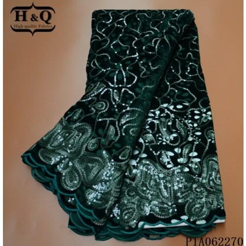 H&Q green african velvet lace fabric french net mesh embroidery with sequins 5 yards/pcs nigerian laces fabrics for party dress