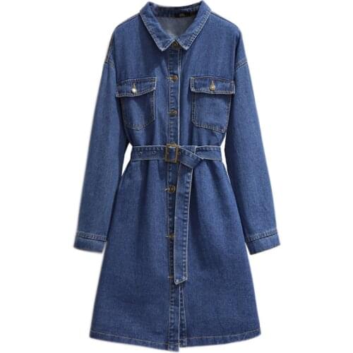 Plus size womens denim windbreaker spring and summer fashion Korean mid-length loose long-sleeved blue denim jacket overcoat