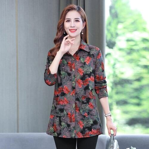 Stylish Sweet Flower Shirt Jackets Women Fashion Pockets Turn-down Collar Printed Middle Age Mother Clothing Chic Coat 5XL
