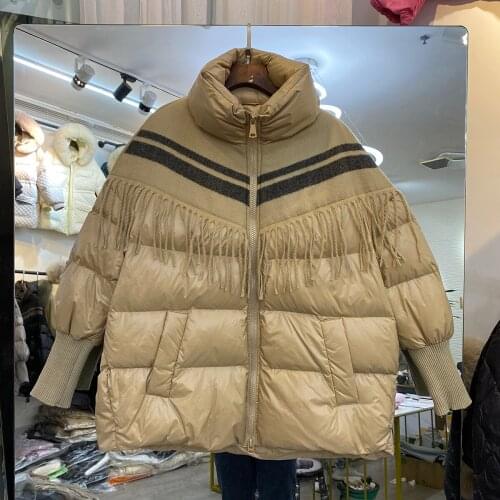 2021 Womens Down Jacket Over Size Coat Loose Warm Autumn Winter Casual Outwear Top Quality Patchwork Tassel Wool Jacket Coats