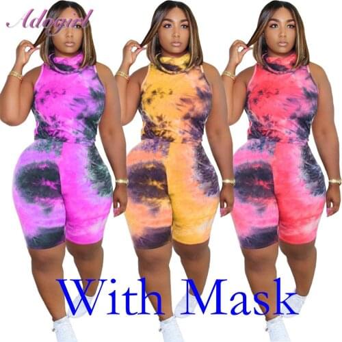 Women Tie Dye Print 2 Piece Set Casual Sleeveless Crop Tops T-Shirt With Mask Shorts Pants Suit Matching Outfit Sport Tracksuit