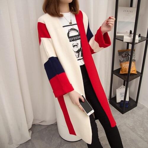 Spring Autumn Women Cardigan Knitted Sweater Long Sleeve Casual Female Mid-Length Contrast Color Korean Loose Ladies Tops Tide